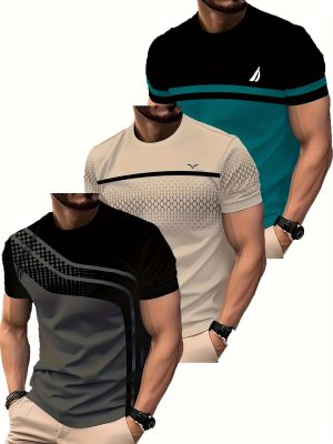 3pcs Men'S Fashion Casual Striped Print Short Sleeve T-Shirts, Summer Crew Neck Quick-Dry Breathable Sports Tee-Shirts, Novelty Shirts
